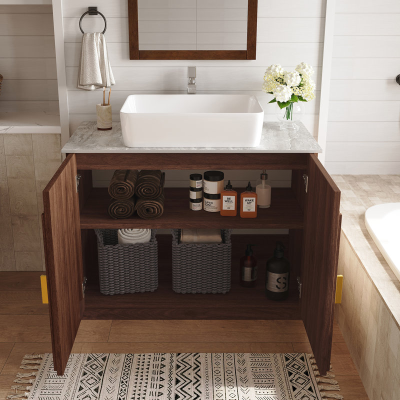 Base de meuble-lavabo de 36 po en noyer brun rétro avec comptoir en pierre, lavabo en céramique, bonde incluse et tablette réglable