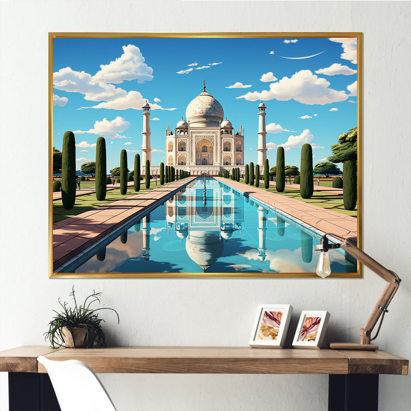 Art indien Taj Mahal Sunshine - art mural indien, Cadre flottant doré, H 24 po x l 32 po x P 1 po
