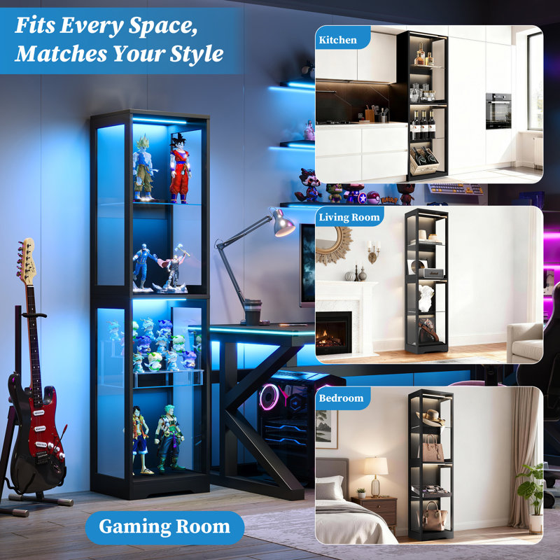 Display Cabinet with 100+Color RGB LED Lights & Adjustable Shelves, 4-Tier Curio Cabinet with Motion Sensor for Collectibles, Game Room, Living Room, Home Office, Black