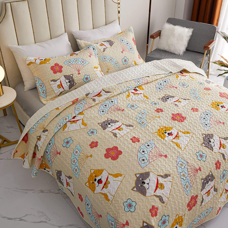 Cartoon Puppy Quilt Set with Sham, Twin Coverlet / Bedspread + 1 Sham