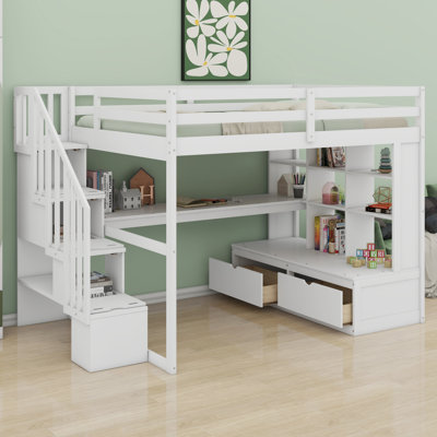 Lit mezzanine avec bureau et tablettes, deux tiroirs intégrés, escalier de rangement