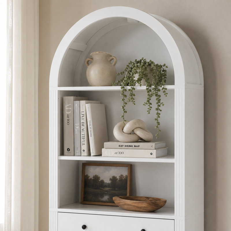 Bibliothèque haute arquée Garst avec 2 étagères réglables, 1 tiroir et un placard à double porte, vitrine autoportante en MDF de 180 cm (70,9 po), bibliothèque moderne à plateau arqué pour salon