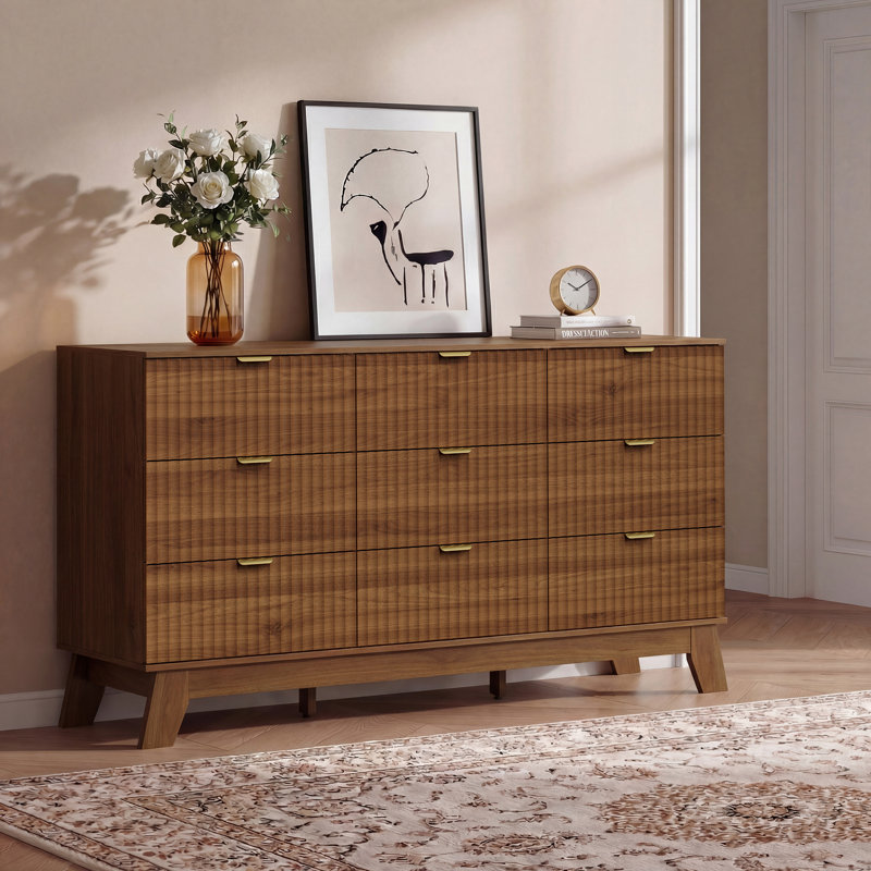 Fluted 9-Drawer Dresser 57''W Wood Wide Chest Of Drawers With Metal Handle, Adjustable Feet, Beige/STURDY