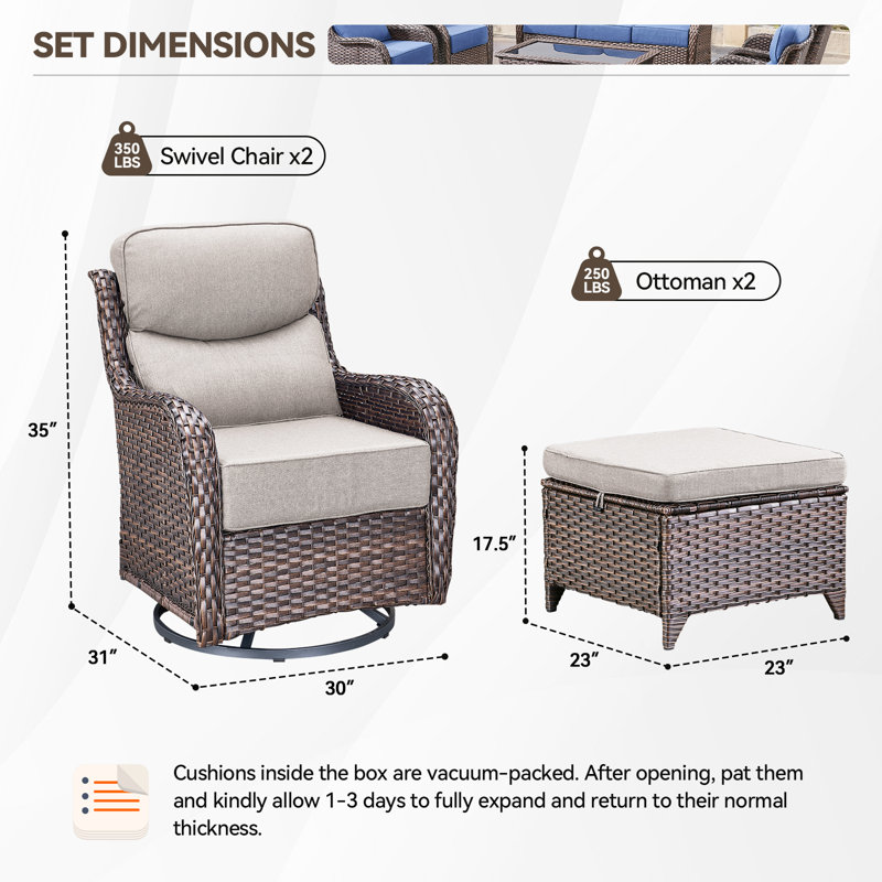 Meriline Wicker/Rattan 2 Person Seating Patio Conversation Sets With Ottomans, Beige, Brown