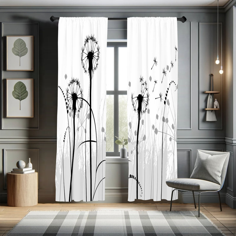  Spring Curtains, Floral Silhouette Dandelion, 28" W x 63" L, White Black