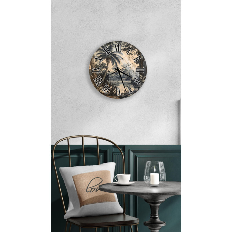 Horloge murale rétro paysage tropical - art de palmier en verre trempé - décor de jungle nature antique, cadeau de maison botanique rustique