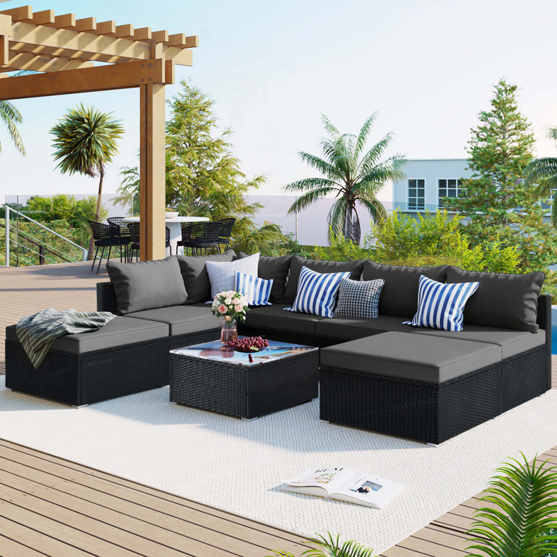 Ensemble de 8 meubles de patio pour l'extérieur, ensemble de canapé en osier de conversation de jardin, canapé simple combinable, coussins, osier