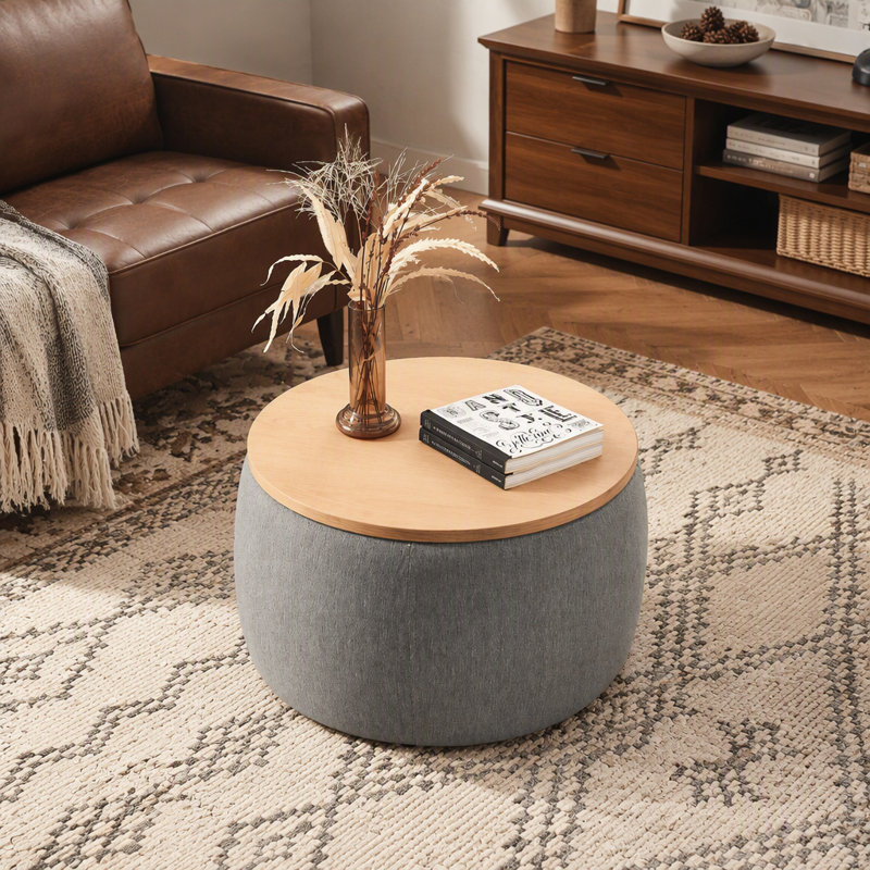 Repose-pieds rond avec rangement, fonction 2 en 1, table de bout avec repose-pieds, Gris
