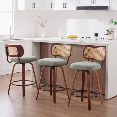 3 tabourets de comptoir pivotants 3 pièces Mid-Century en rotin avec dossier en canne, chaises de bar de 26 po de hauteur pour îlot de cuisine