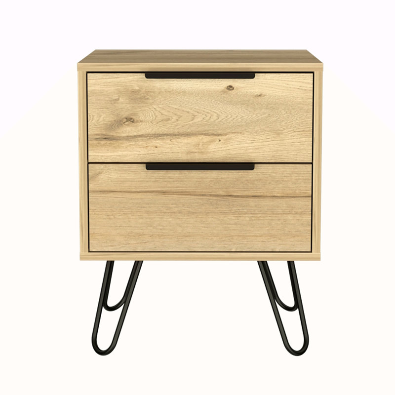 Table de chevet rectangulaire 2 tiroirs en chêne clair, Noir / naturel