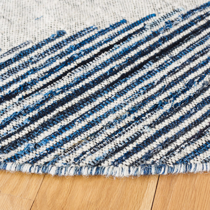 Faynett Flat Weave Wool/Jute Striped Rug in Blue/Ivory, Round 6'