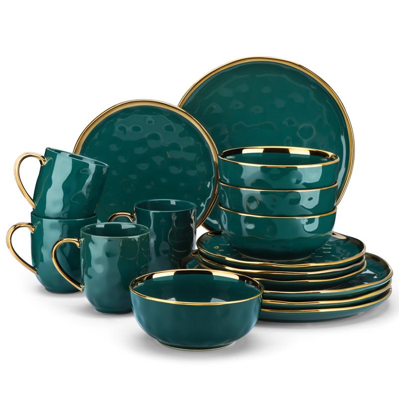 Colour Piece Handmade Ceramic Dinnerware Set - Service for 4, Teal/Gold