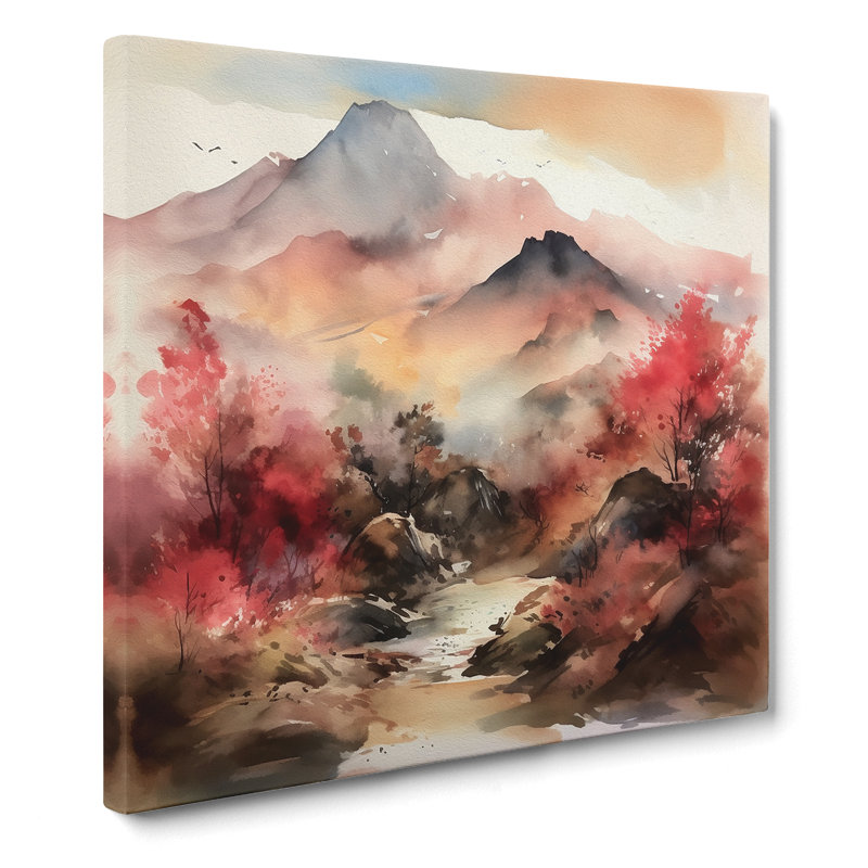 Japanese Mountains Watercolour - No Frame Print, 50cm H x 50cm W x 3cm D