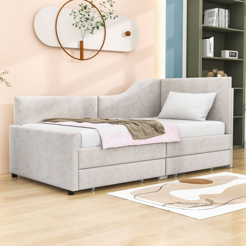 Twin Corduroy Upholstered Daybed with Built-in Storage Drawers, Beige