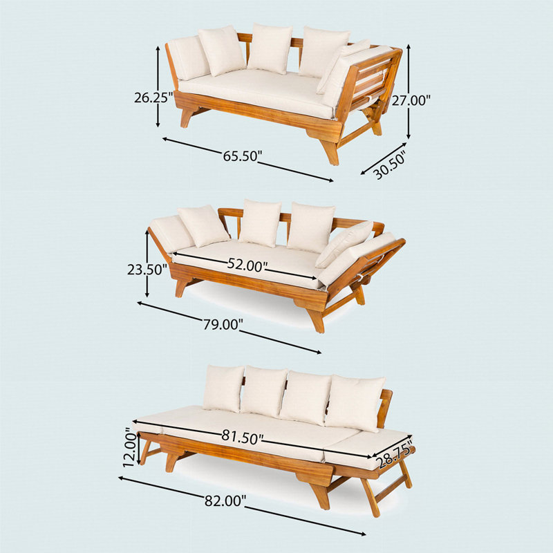 Canapé d'extérieur d'extérieur pour lit de jour, canapé 3 places avec accoudoirs pliables et 4 coussins de dossier, coussin amovible en teck et structure en bois d'acacia beige