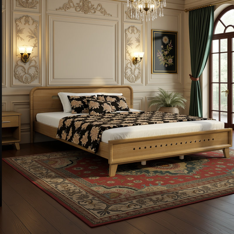 Lit plateforme avec cadre en bois massif et rangement sous le lit, Jaune, Grand lit