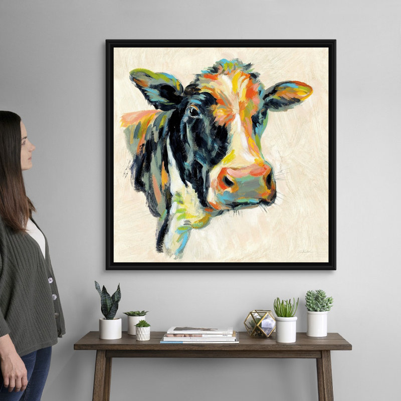 «Expressionistic Cow I», art mural sur toile, H 38 po x l 38 po x P 2 po, Toile avec cadre noir