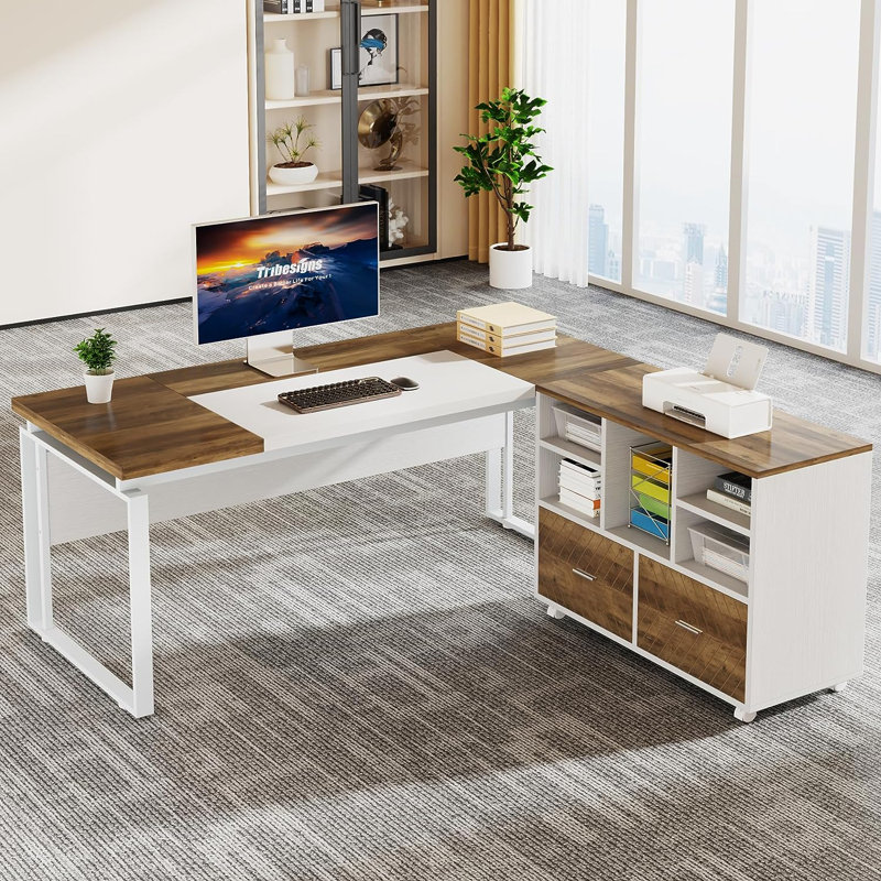 Burgener L-Shape Executive Desk with File Cabinet, Brown/White