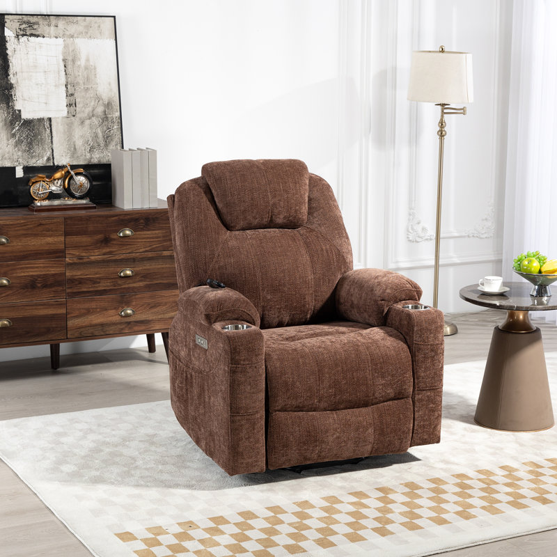 Aura 35" W Power Lift Recliner, Heated Massage, Stainless Steel Cup Holder, Thick Headrest, Brown