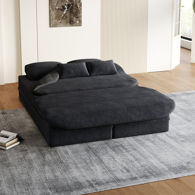 Canapé 75 po 2-en-1 pliable, Velours côtelé noir
