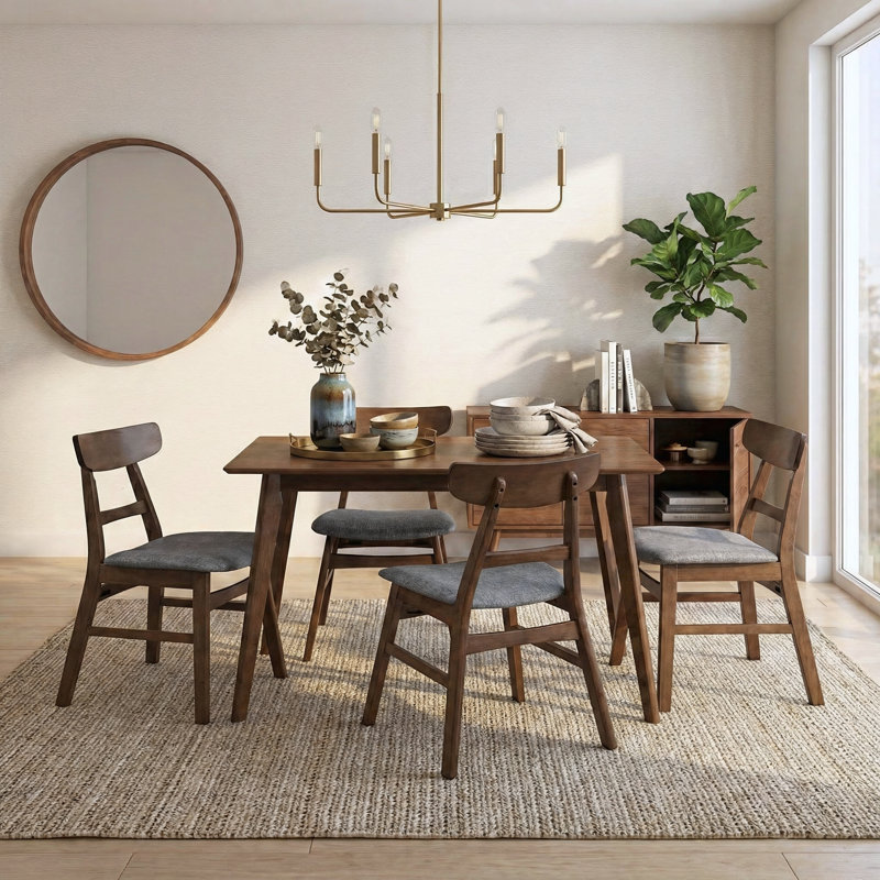 Ensemble de salle à manger 5 pièces avec table en bois d'hévéa et 4 chaises à dossier courbé Charlette
