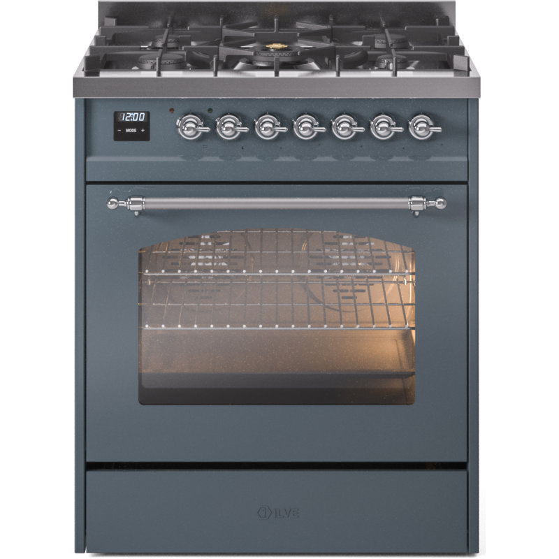 ILVE Nostalgie II Series 30 inch Dual Fuel Range with 5 Sealed Burners (Glass Door), Liquid Propane, Blue Gray/Chrome