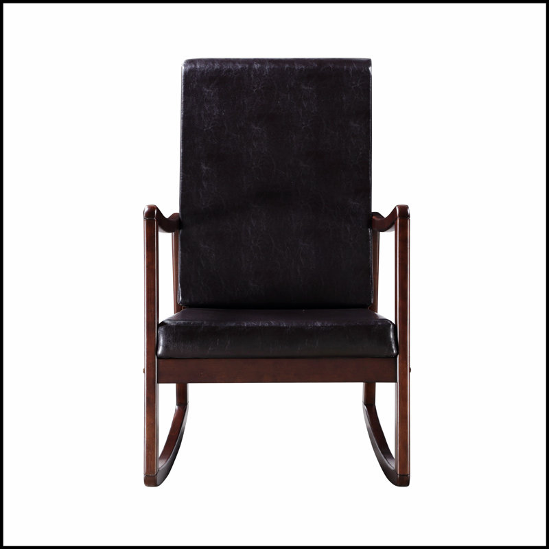 Chaise berçante Raina en cuir synthétique brun foncé et finition espresso, confortable et élégante pour la détente à la maison.