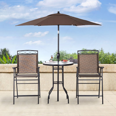 Ensemble de mobilier de patio 4 pièces, 2 chaises pliantes, parasol à angle réglable, table de salle à manger en verre trempé texturé Wave