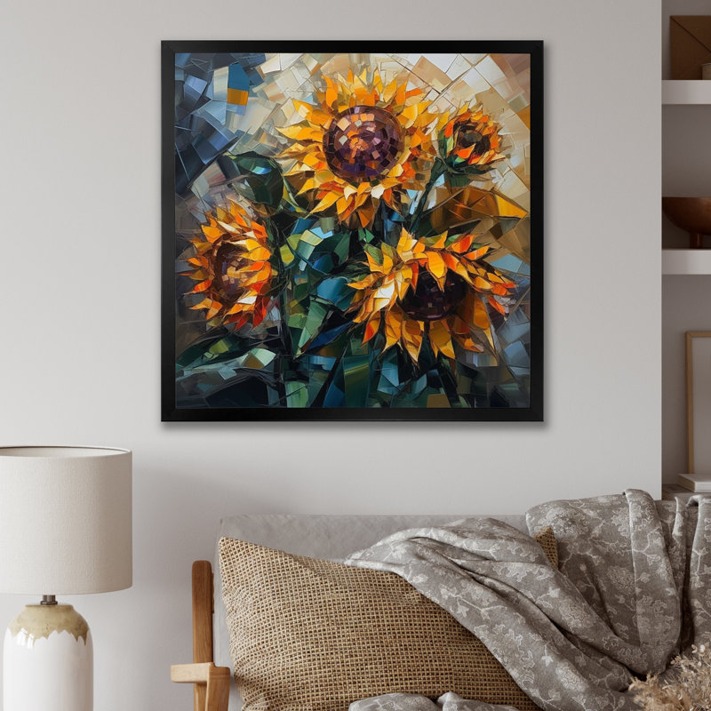 Tournesol jaune symphonie V sur toile, Cadre photo noir, H 16 po x l 16 po x P 1 po