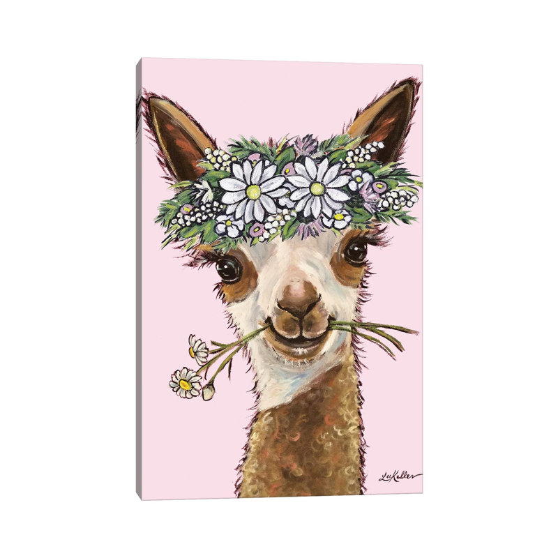 Rosie The Alpaca With Daisieson Pink by Hippie Hound Studios - Wrapped Canvas Print, 30.48 cm H x 45.72 cm W
