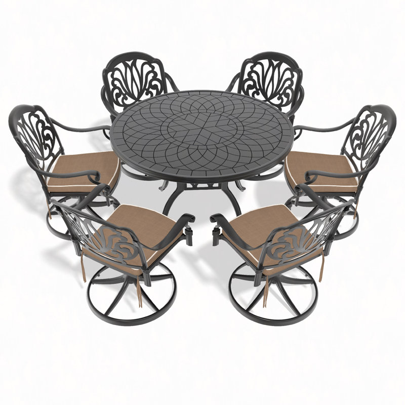 Ensemble de salle à manger 7 pièces en aluminium coulé toutes saisons comprenant 6 chaises pivotantes et une table ronde de 47,24 po avec cadre
