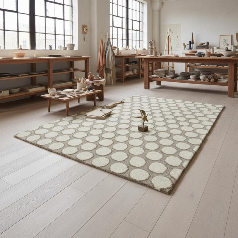 Tapis abstrait en laine à motif géométrique beige, brun et crème touffeté à la main Ailey
