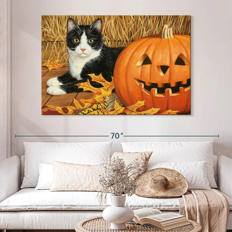 Citrouille d'Halloween et chaton, H 34 po x l 51 po