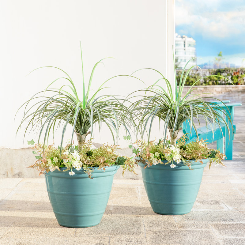 19.5"D Set Of 2 Round Turquoise Faux Ceramic Pot Plastic Planter, Turquoise, 15" H x 19.5" W x 19.5" D