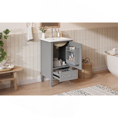 Meuble-lavabo de 20 po avec lavabo en céramique, pieds en bois massif, meuble-lavabo autoportant avec armoire de rangement, tiroirs et portes à fermeture en douceur, support de rangement