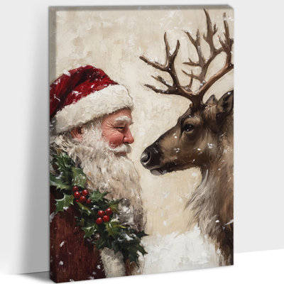 Large Vintage Christmas Pictures Wall Decor - Santa and Reindeer Canvas Wall Art, Holiday Pictures Artwork for Living Room, Winter Season Wrapped Canvas Print Pine Frame, 32×48 inches
