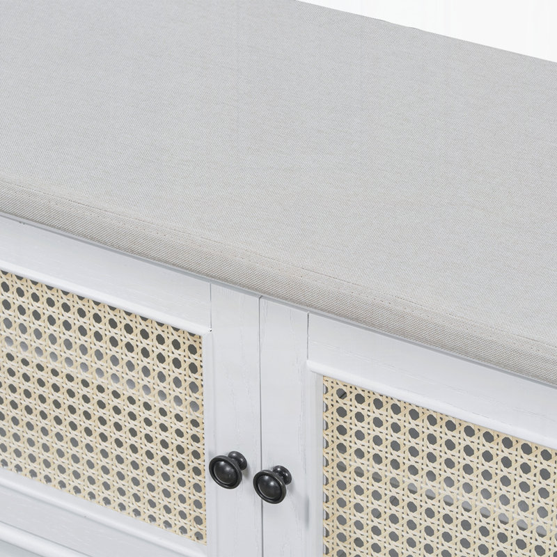 Banc d'entrée en rotin avec rangement Boho, Blanc / beige