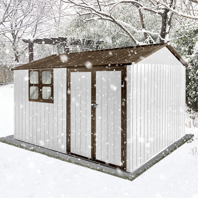 Abri de jardin en métal 10 pi x 8 pi avec rangement blanc et jaune avec fenêtre, H 81,1 po x l 118,15 po x P 102,36 po