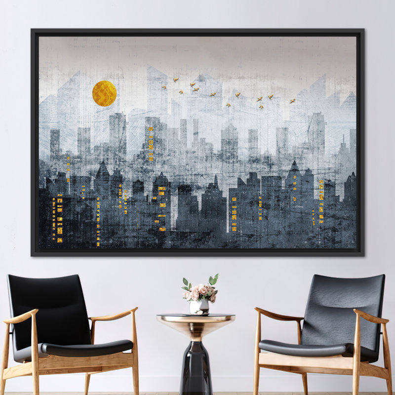 Art abstrait sur toile de paysage urbain - affiche de paysage de décor de bureau moderne, H 41 po x l 94 po, Noir