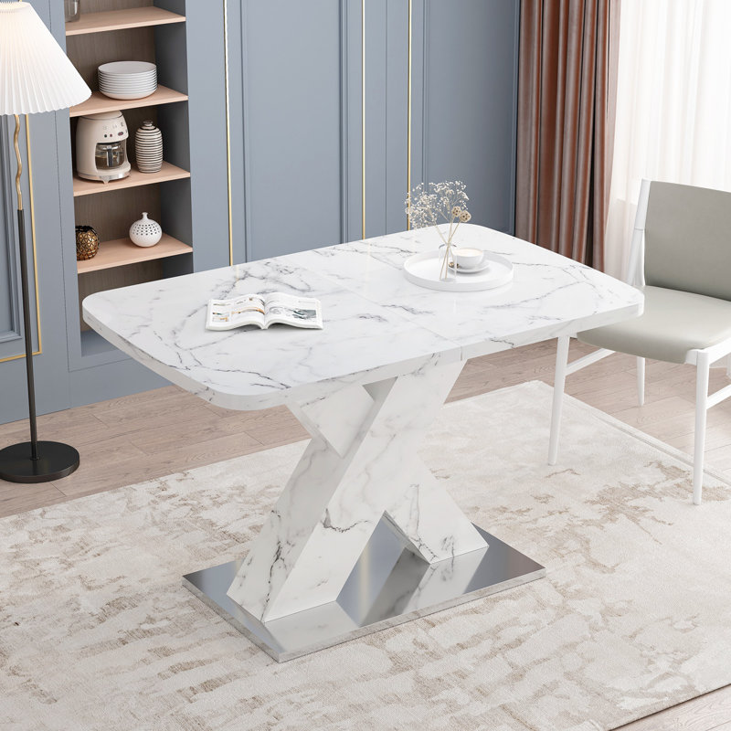 Table de salle à manger moderne Hine, table de salle à manger extensible, plateau de table en faux marbre, Mable blanc