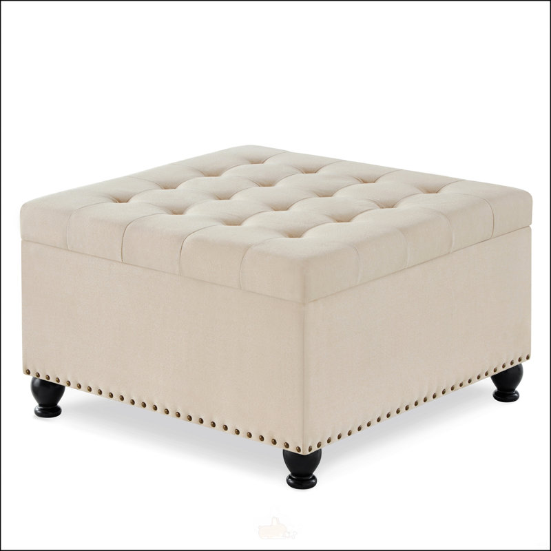 Grand repose-pieds carré avec rangement et pieds en bois, table basse capitonnée