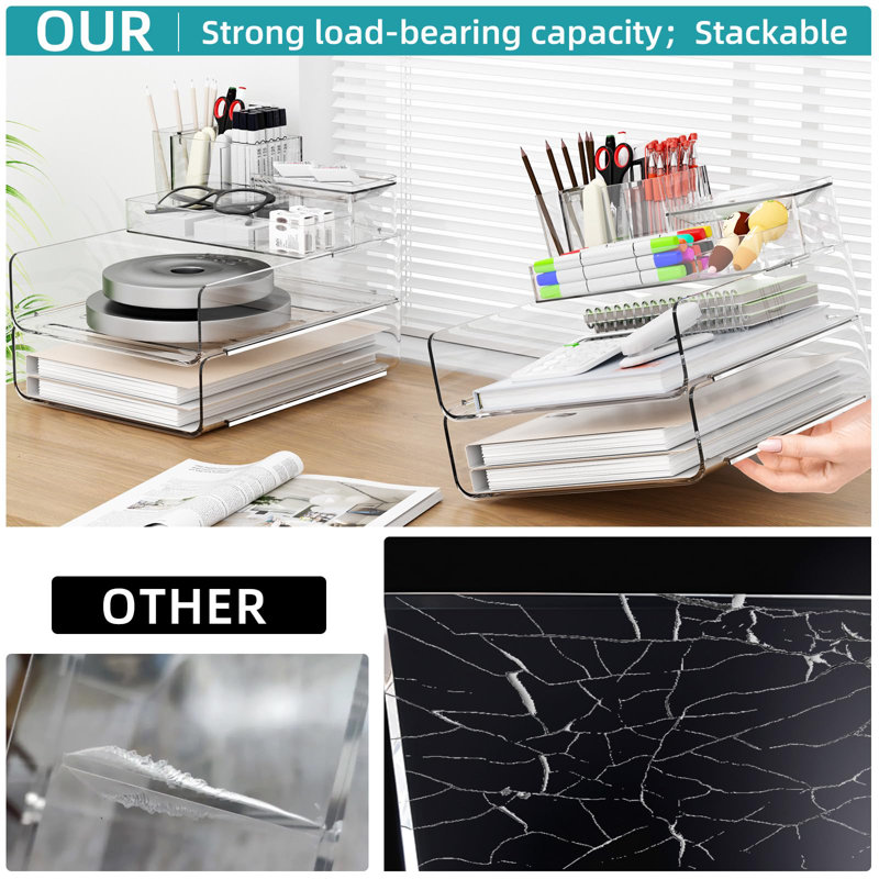 Acrylic Stackable Desktop File Organizer With 5-Compartment Tray And Pencil Holder, Clear