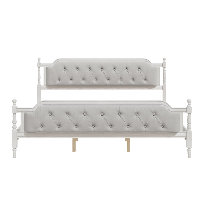 Structure de lit en bois massif de style traditionnel avec tête de lit capitonnée et aucun sommier tapissier requis