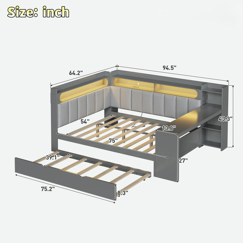 Upholstered Daybed With Storage Shelves, Trundle, Charging Station, Led Light And Desk, Gray