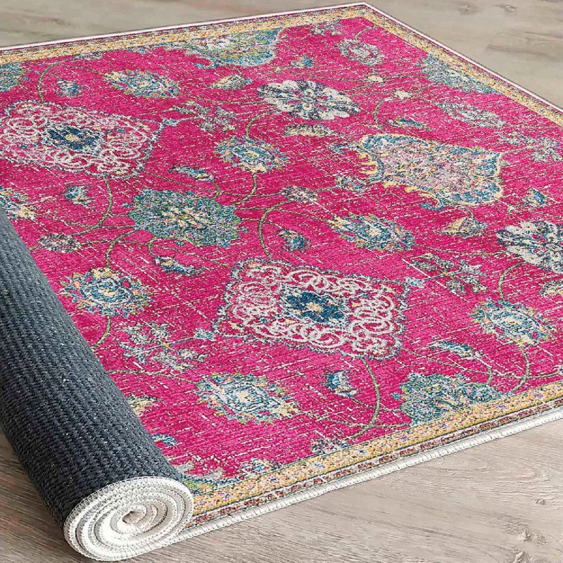 Luxurious Cotton Area Rug (50 x 80 cm / 1.6 x 2.6 ft), Antibacterial, Non-Slip PVC Underside, 0.4 in Pile Height, Machine Washable | Elegant White, Cream, Pink & Blue Design for Modern Living Spaces