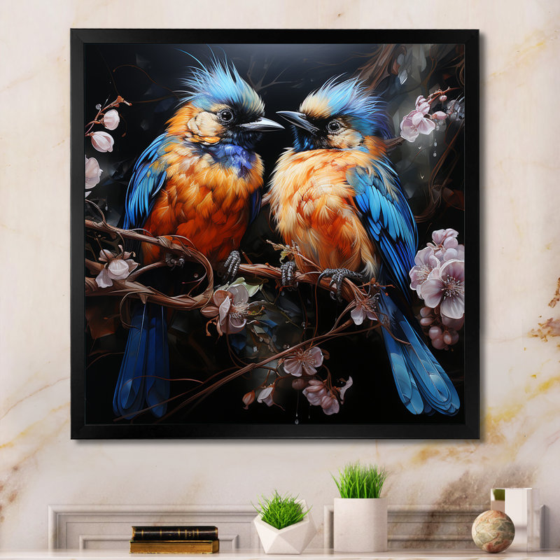 «Blue and Orange Birds Symphony», art mural animaux, Cadre photo noir, H 16 po x l 16 po x P 1 po
