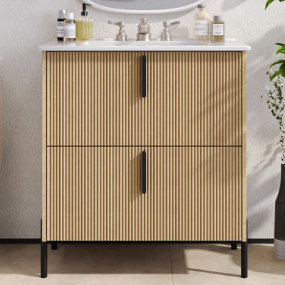 30" Bathroom Vanity with Ceramic Sink and Full-Extension Drawers, Soft Close Undermount Drawer Slides, Fluted Design