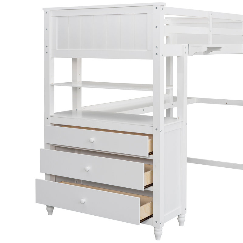 Lit mezzanine avec tiroirs et bureau, lit mezzanine en bois avec tablettes, Blanc