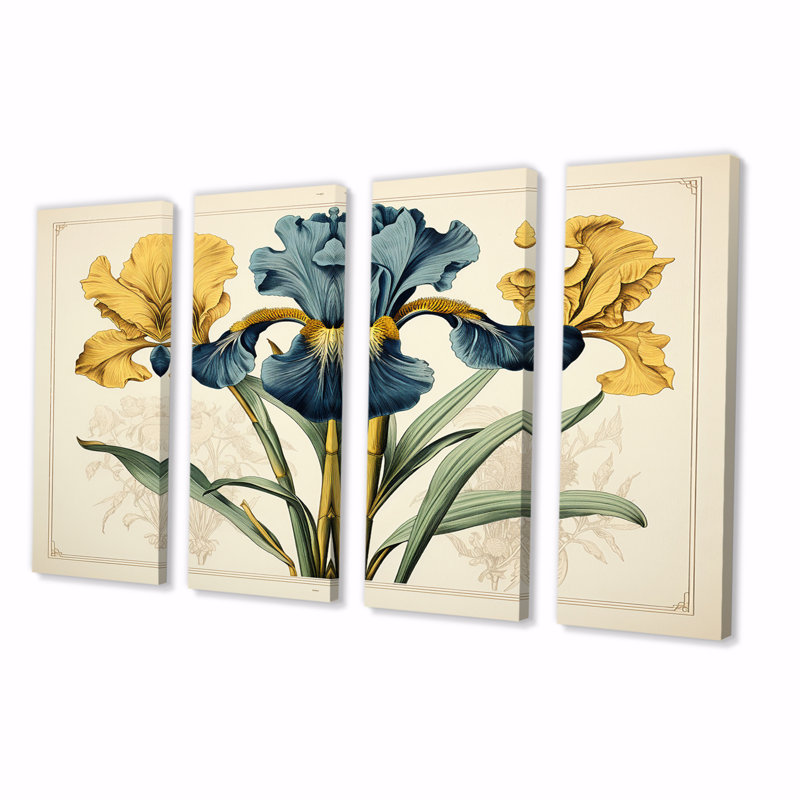 " Vintage Illustration Yellow Blue Irises " 4 - Pieces