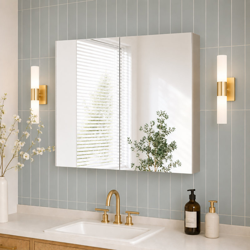 30" W x 26" H Frameless Medicine Cabinet with Mirror, Wall Mounted Bathroom Storage Cabinet with 2 Adjustable Shelves